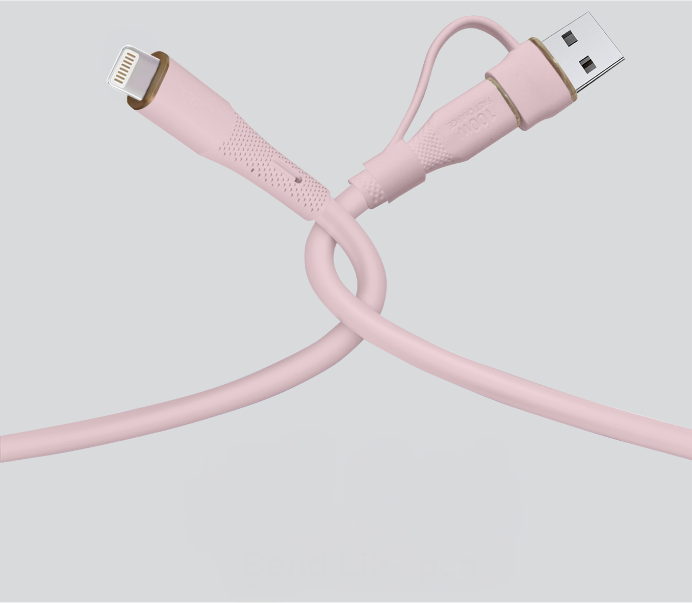 كيبل Celeris PowerDuo من ليزل 2 في 1 بقوة 27 واط USB-C إلي Lightning سيليكون مع USB-A مدمج 1 متر | وردي