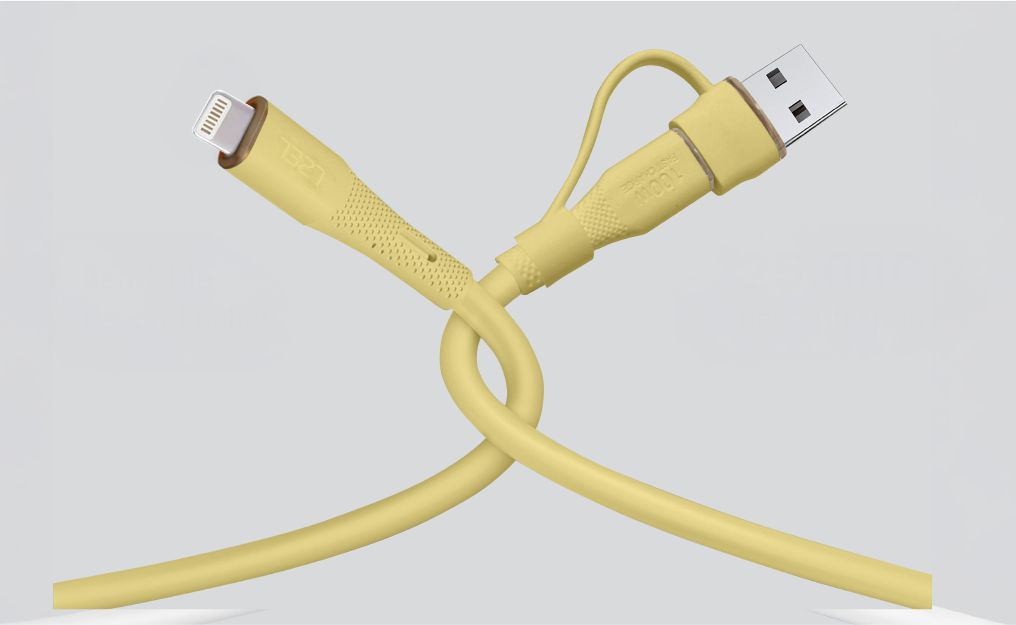 كيبل Celeris PowerDuo من ليزل 2 في 1 بقوة 27 واط USB-C إلي Lightning سيليكون مع USB-A مدمج 1 متر | أصفر