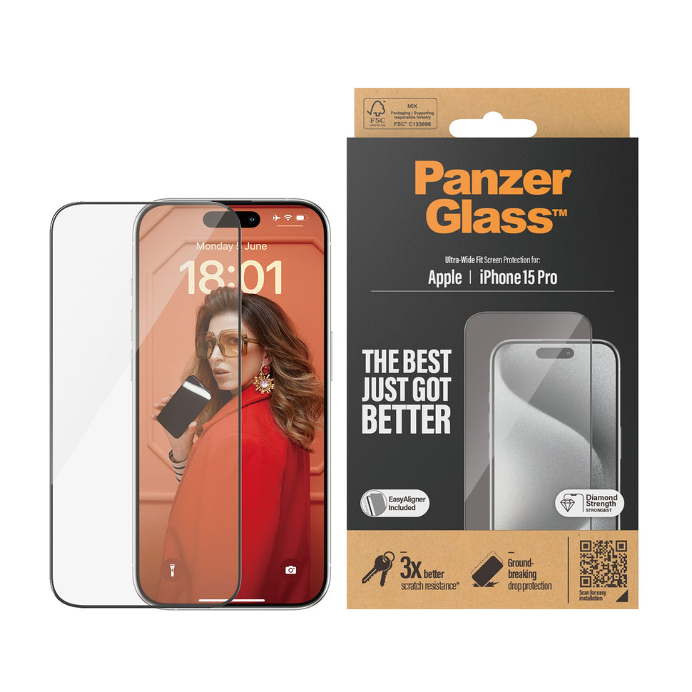 حماية شاشة من PanzerGlass® لهاتف iPhone 15 Pro شاشة زجاجية كاملة مع اطار اسود