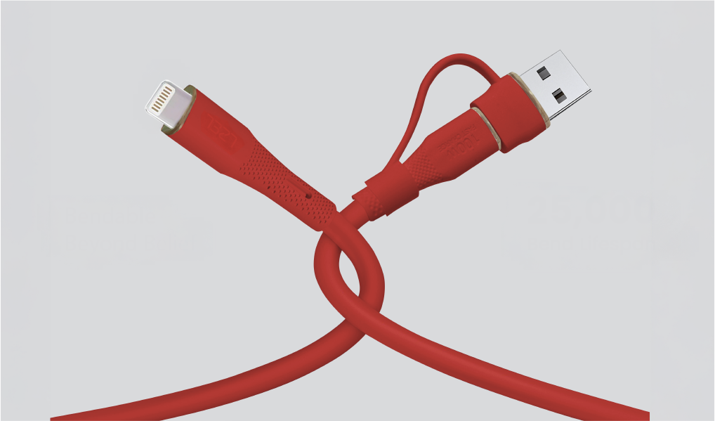 كيبل Celeris PowerDuo من ليزل 2 في 1 بقوة 27 واط USB-C إلي Lightning سيليكون مع USB-A مدمج 2 متر | أحمر