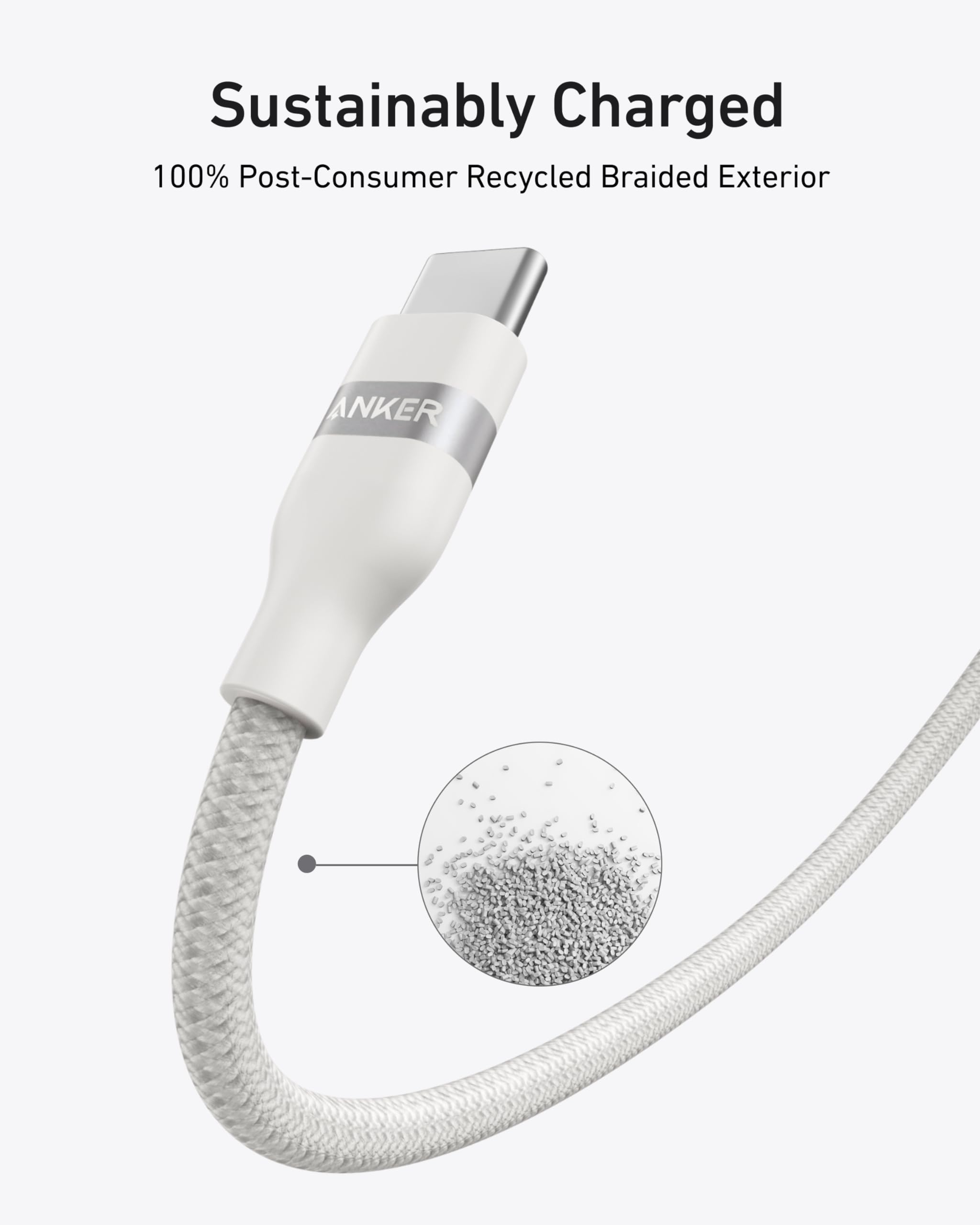 Anker USB-C to USB-C Cable 240W – Upcycled Braided, 0.9m (3ft), Fast Charging | White