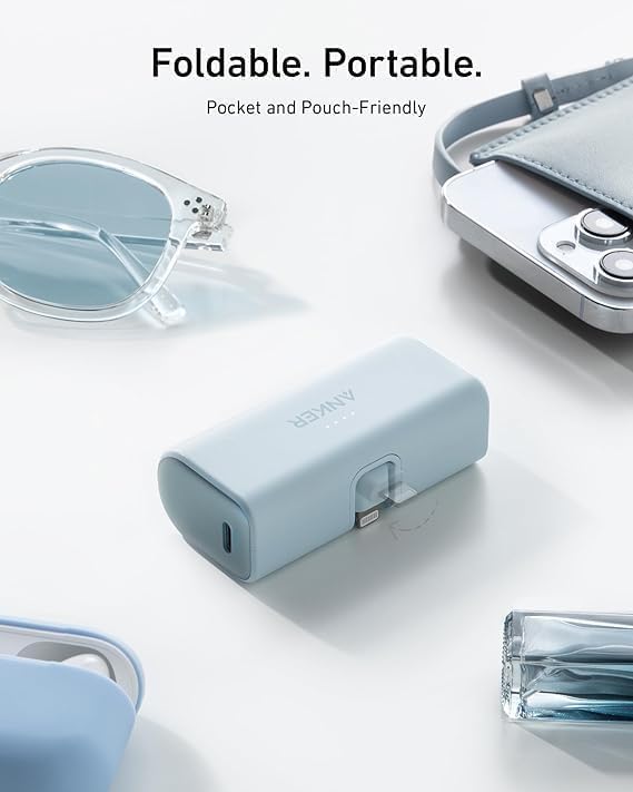 بطارية متنقلة Anker بسعة 5000mAh مع موصل Lightning معتمد MFI وقابل للطي | أبيض