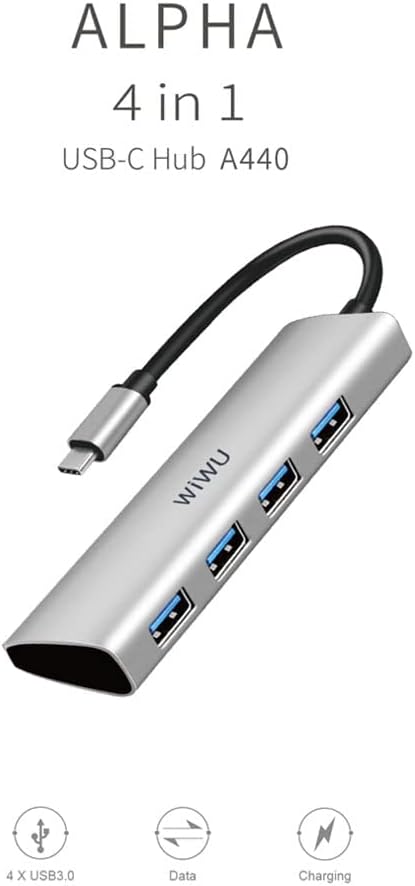WiWU Alpha محول 4 في 1 بمنفذ USB-C طراز A440 و هيكل من سبائك الألومنيوم مع 4 منافذ USB 3.0 | فضي