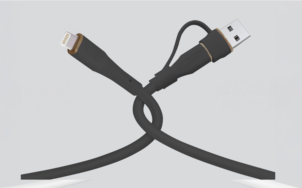 كيبل Celeris PowerDuo من ليزل 2 في 1 بقوة 27 واط USB-C إلي Lightning سيليكون مع USB-A مدمج 1 متر | أسود