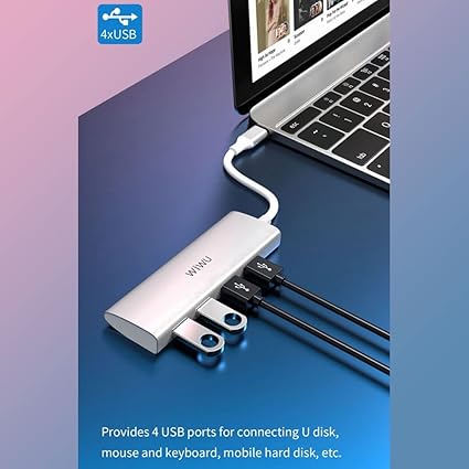 WiWU Alpha محول 4 في 1 بمنفذ USB-C طراز A440 و هيكل من سبائك الألومنيوم مع 4 منافذ USB 3.0 | فضي