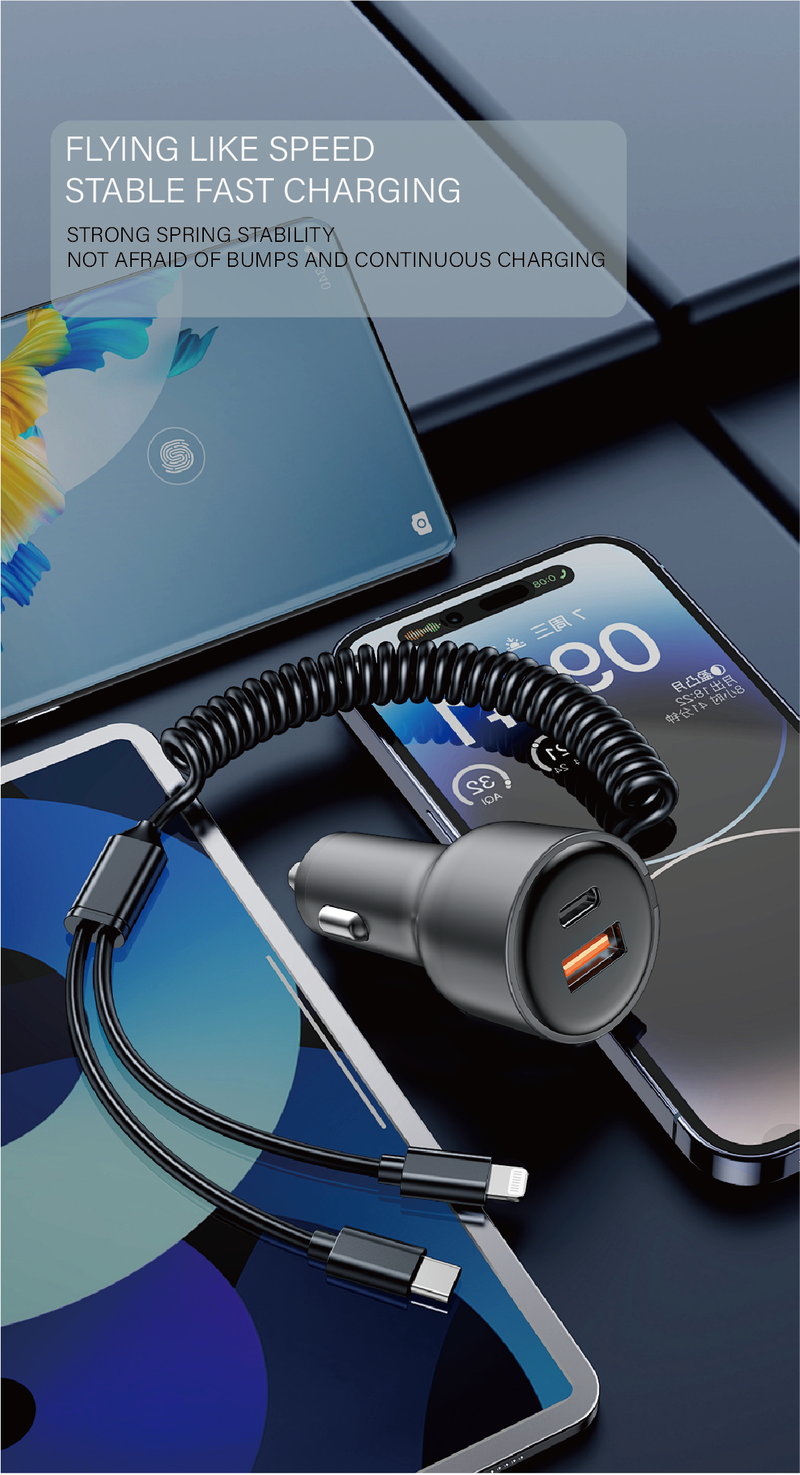 Asli Global PrimusCharger Max 65W Dual Port PD & QC Car Charger with Built-in Cables Type-C And Lightning | Black