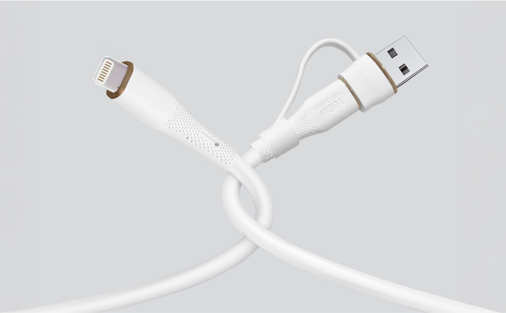كيبل Celeris PowerDuo من ليزل 2 في 1 بقوة 27 واط USB-C إلي Lightning سيليكون مع USB-A مدمج 2 متر | أبيض