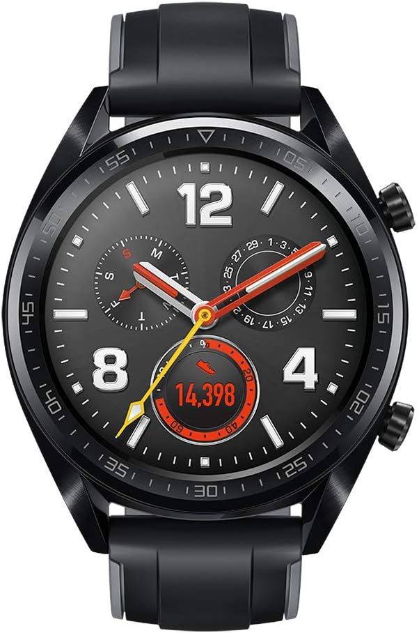 ساعة هواوي Watch GT الرياضية – ساعة ذكية بإطار مطاطي أسود 46 مم مع شاشة AMOLED مقاس 1.39 بوصة | أسود