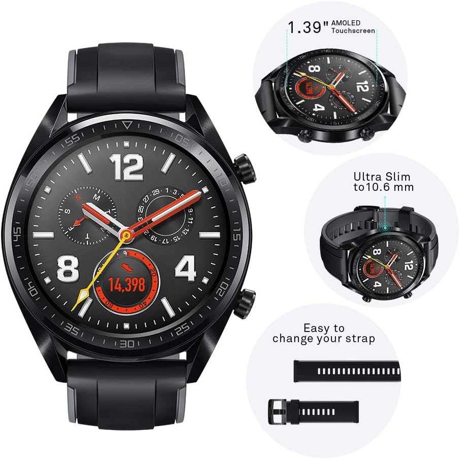 ساعة هواوي Watch GT الرياضية – ساعة ذكية بإطار مطاطي أسود 46 مم مع شاشة AMOLED مقاس 1.39 بوصة | أسود