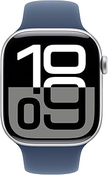 ساعة آبل واتش سيريس 10 - GPS + Cellular - مقاس 46 ملم - بهيكل من الألومنيوم الفضي مع سوار رياضي بلون Denim مقاس M/L