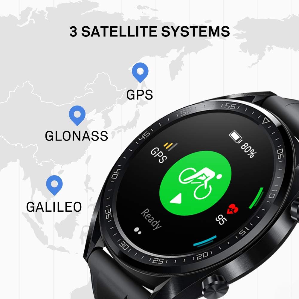 ساعة هواوي Watch GT الرياضية – ساعة ذكية بإطار مطاطي أسود 46 مم مع شاشة AMOLED مقاس 1.39 بوصة | أسود