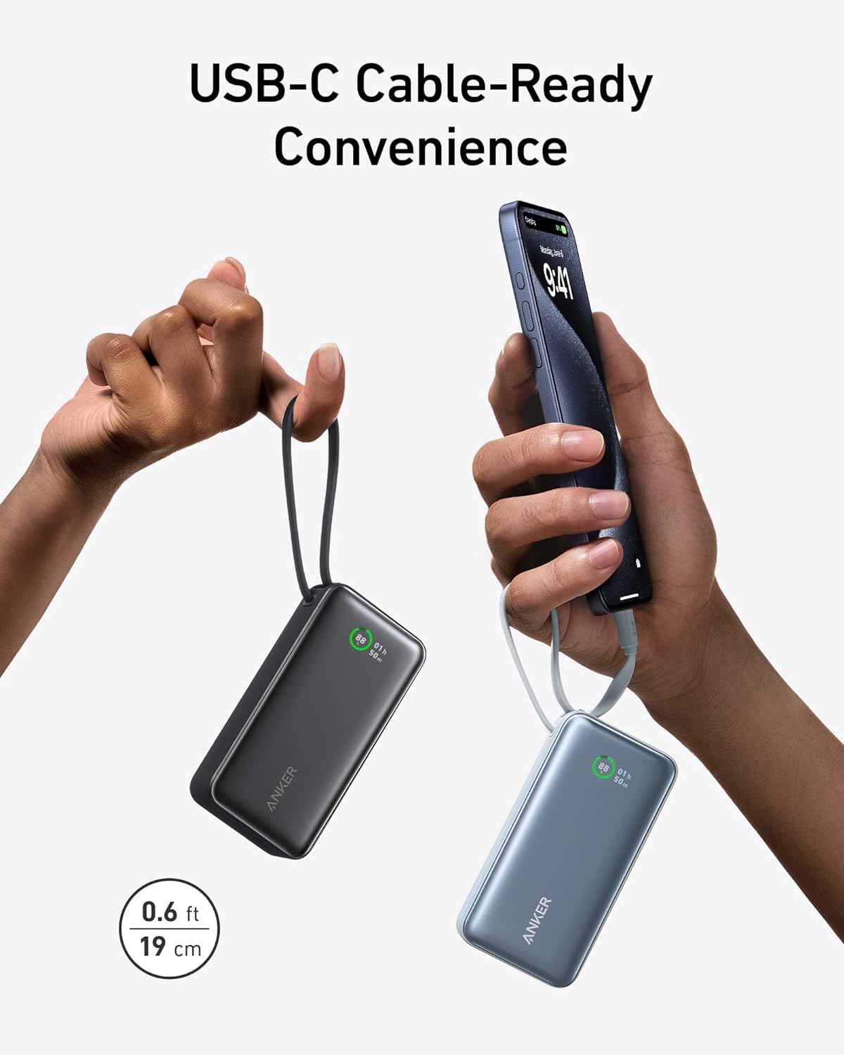 شاحن متنقل بسعة 10000 مللي أمبير وقوة 30 واط مع كابل USB-C مدمج | أسود