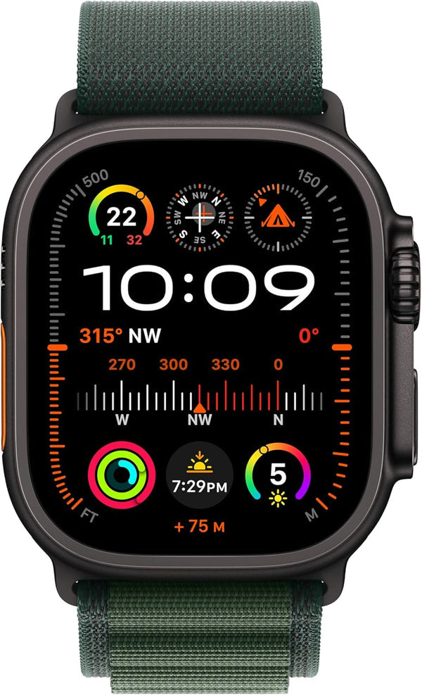 ساعة آبل واتش ألترا 2 (2024) - مقاس 49 ملم - GPS + Cellular - بهيكل من التيتانيوم الأسود - وسوار Alpine Loop مقاس متوسط | أخضر داكن