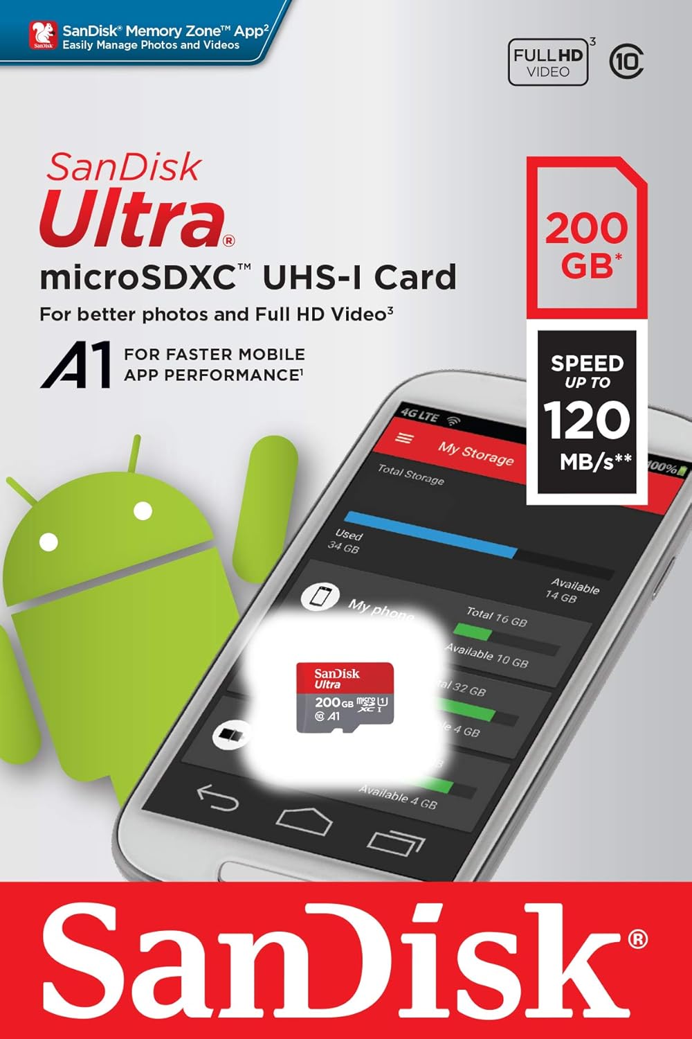 شريحة ذاكرة Ultra microSDXC بسعة 200 جيجابايت - 120 ميجابايت/ثانية من Sandisk