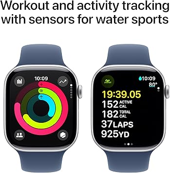 ساعة آبل واتش سيريس 10 - GPS + Cellular - مقاس 46 ملم - بهيكل من الألومنيوم الفضي مع سوار رياضي بلون Denim مقاس M/L
