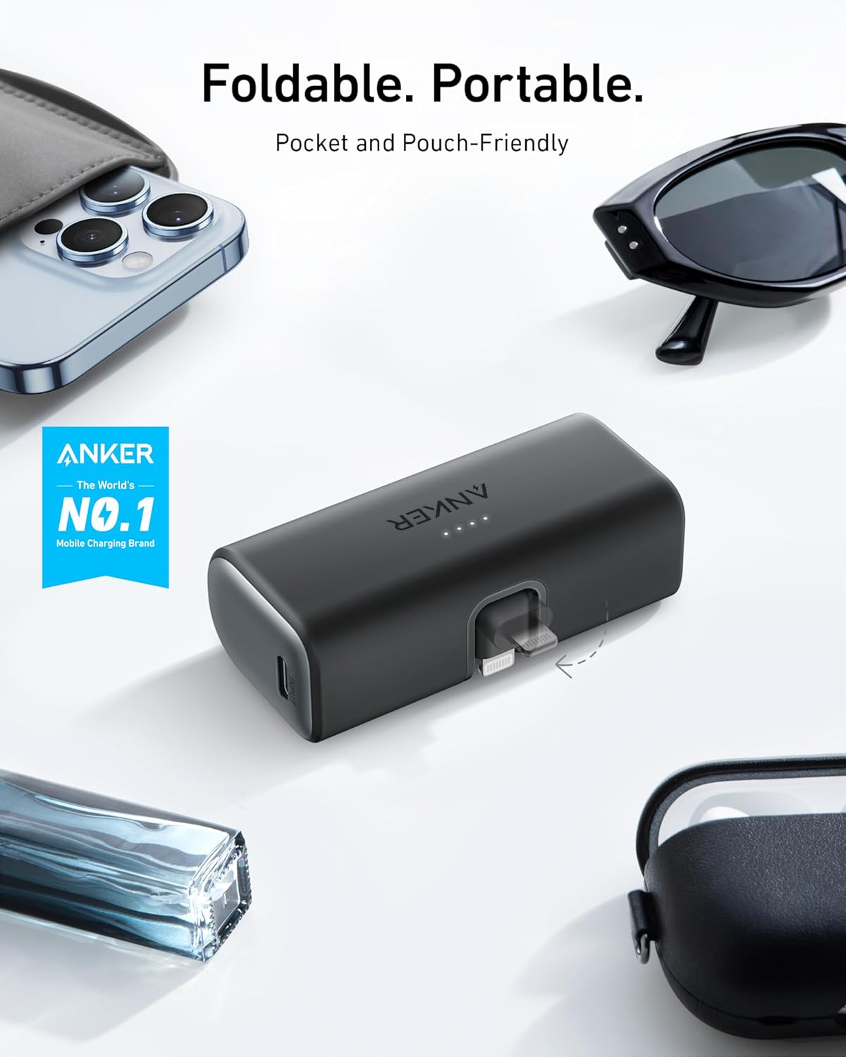 باور بانك Anker Nano بسعة 5000 مللي أمبير مع موصل لايتنينغ قابل للطوي معتمد من MFi | أسود