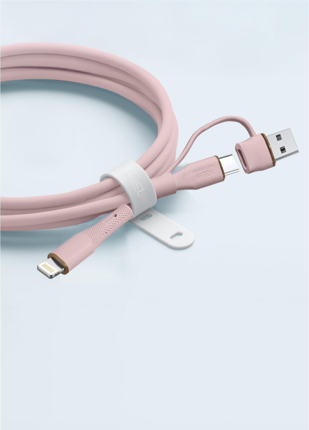 كيبل Celeris PowerDuo من ليزل 2 في 1 بقوة 27 واط USB-C إلي Lightning سيليكون مع USB-A مدمج 1 متر | وردي