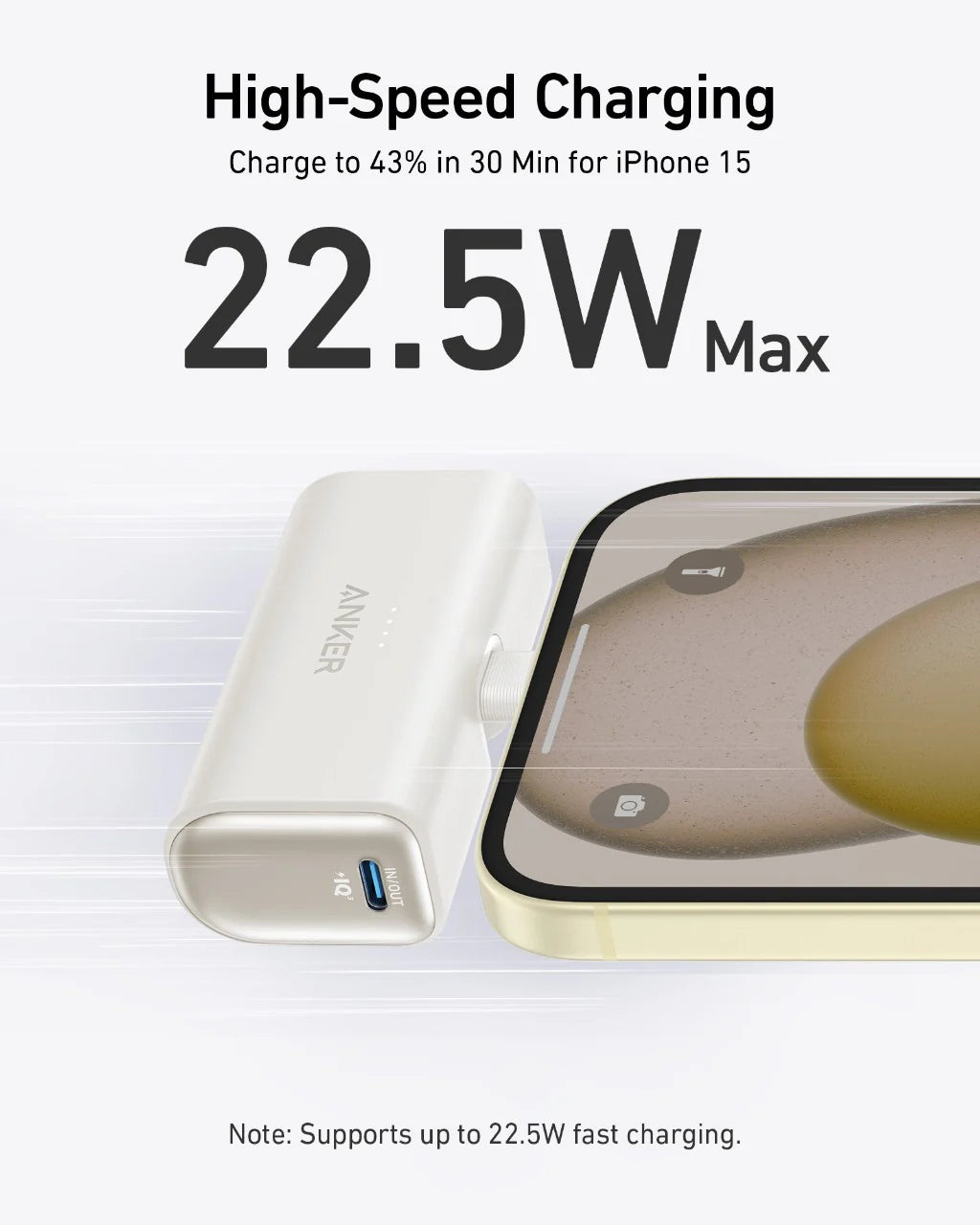 بطارية شحن متنقلة من أنكر 5,000 مللي أمبير مدمجة مع موصل USB-C قابل للطي، شحن سريع PD | أبيض