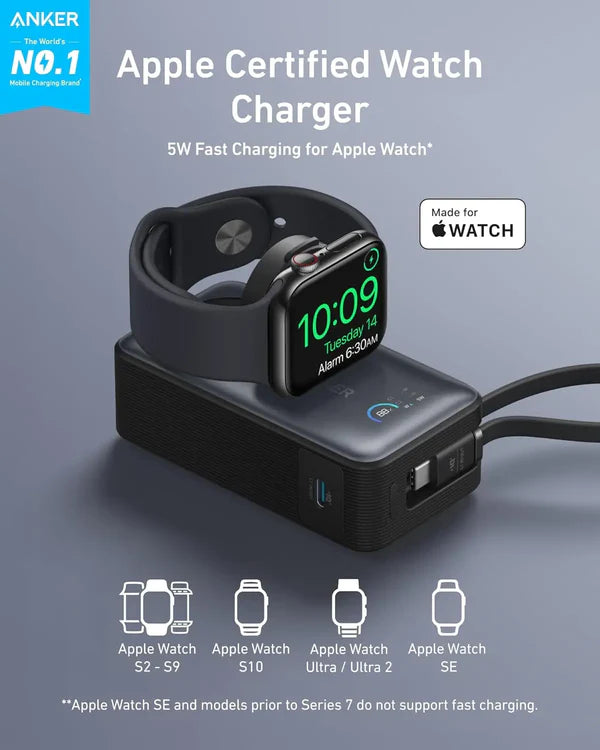 بطارية متنلقة من أنكر MagGo (10 آلاف مللي أمبير، 35 واط، لساعة Apple Watch) مع كيبل USB-C مدمج | أسود