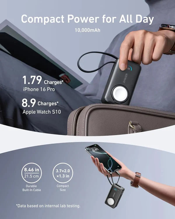 بطارية متنلقة من أنكر MagGo (10 آلاف مللي أمبير، 35 واط، لساعة Apple Watch) مع كيبل USB-C مدمج | أسود