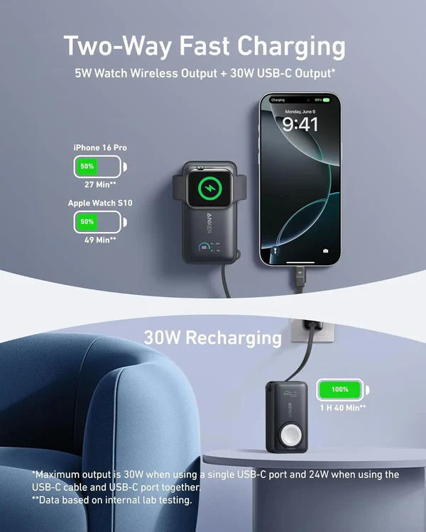 بطارية متنلقة من أنكر MagGo (10 آلاف مللي أمبير، 35 واط، لساعة Apple Watch) مع كيبل USB-C مدمج | أسود