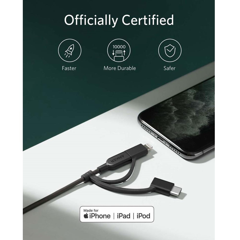 PowerLine II كيبل أنكر 3 في 1 من نوع USB-A إلى Lightning/Micro USB/USB-C مقاس 0.9 متر |أسود