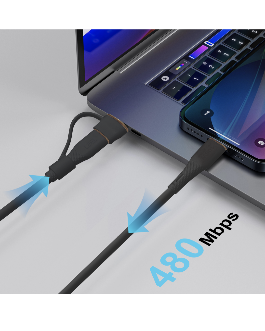 كيبل Celeris PowerDuo من ليزل 2 في 1 بقوة 100 واط USB-C إلي USB-C سيليكون مع USB-A مدمج 30 سم | أسود