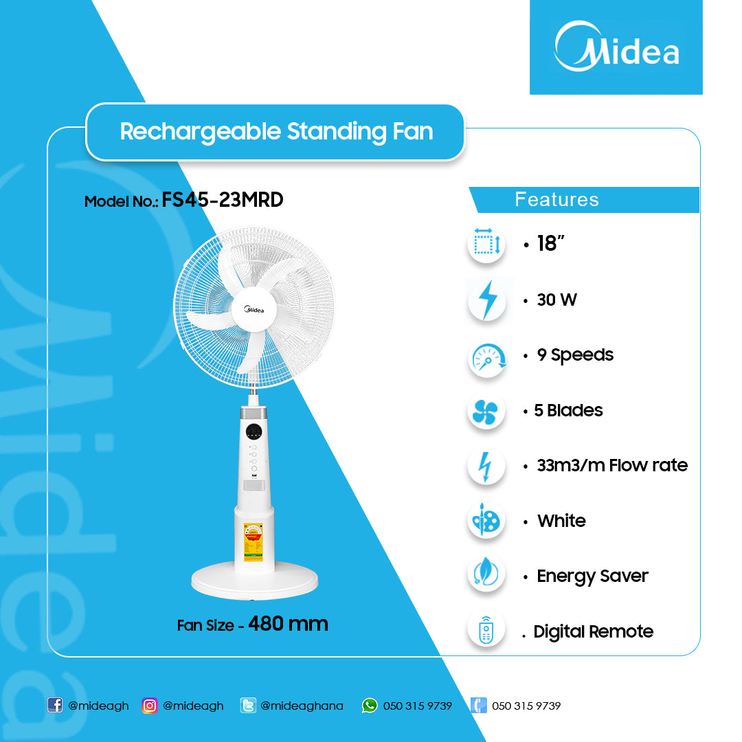 Midea 18″ Rechargeable Standing Fan – Model FS45-23MRD