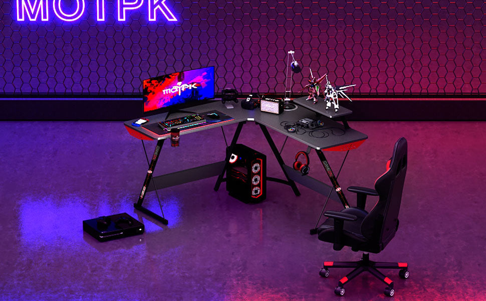 GAMEON L-Shaped Slayer I Series Gaming Desk (Size: 129*129*74cm & Table top 80*46cm) With Headset Hook, Cup Holder & Accessories Stand | Black