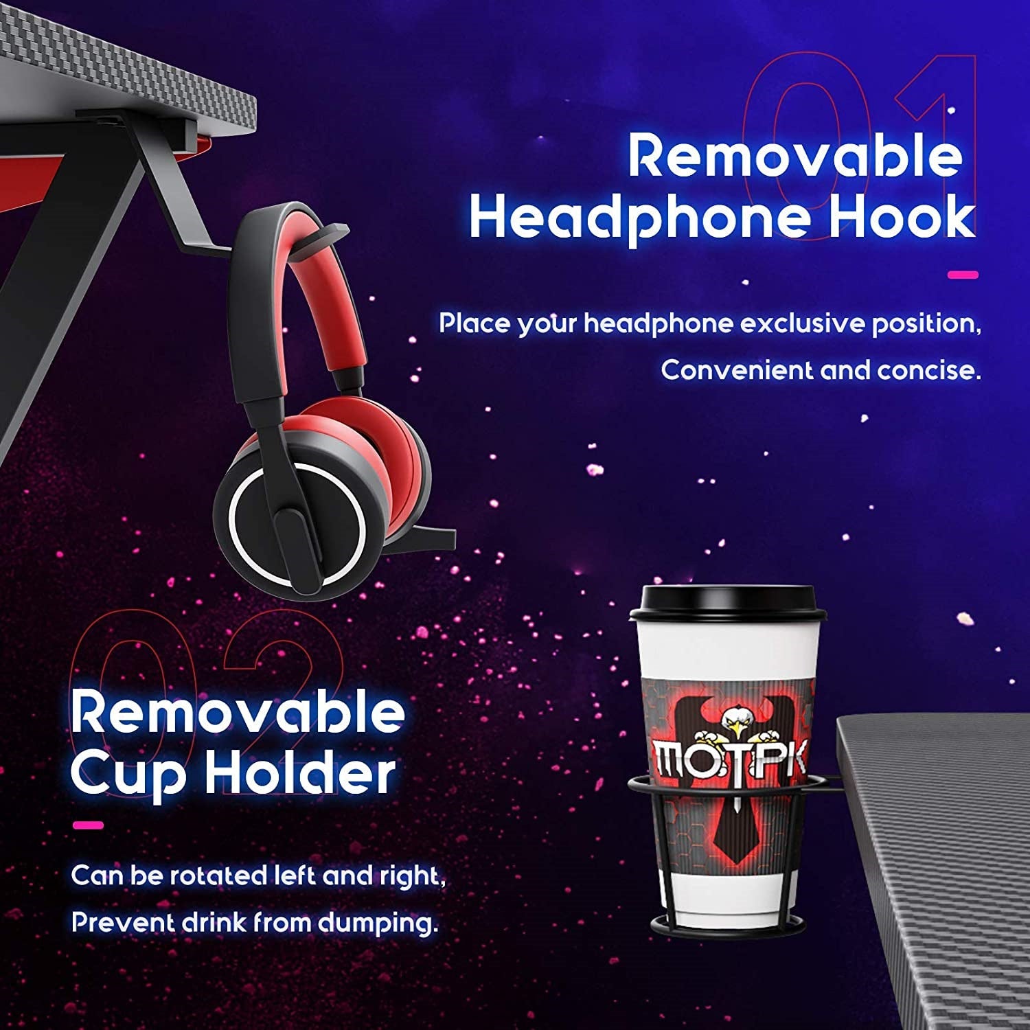 GAMEON L-Shaped Slayer I Series Gaming Desk (Size: 129*129*74cm & Table top 80*46cm) With Headset Hook, Cup Holder & Accessories Stand | Black