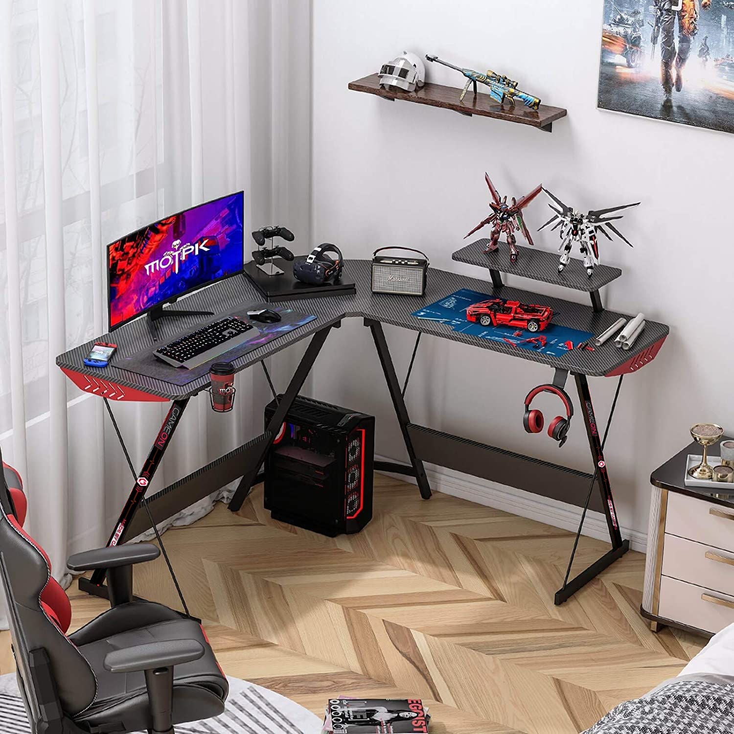 GAMEON L-Shaped Slayer I Series Gaming Desk (Size: 129*129*74cm & Table top 80*46cm) With Headset Hook, Cup Holder & Accessories Stand | Black