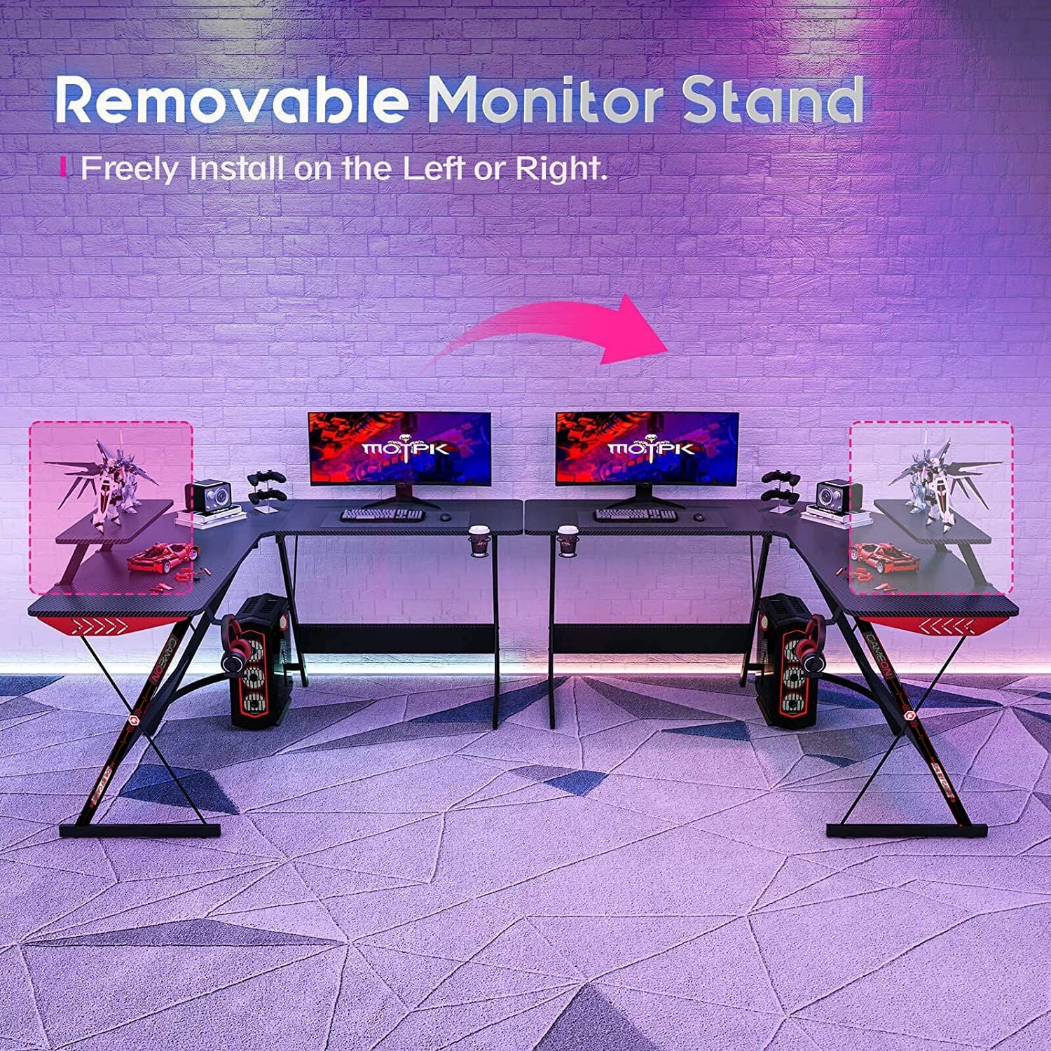 GAMEON L-Shaped Slayer I Series Gaming Desk (Size: 129*129*74cm & Table top 80*46cm) With Headset Hook, Cup Holder & Accessories Stand | Black