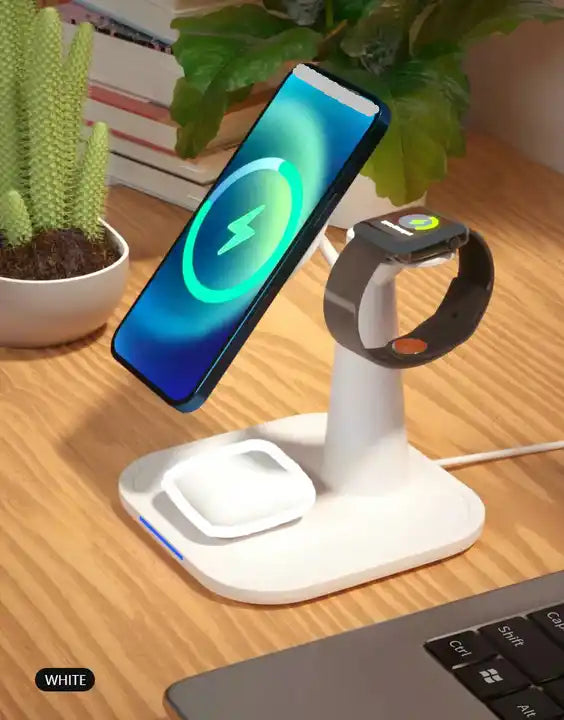 3 in 1 Magnetic Wireless Charger Fast Charging Stand Support | White
