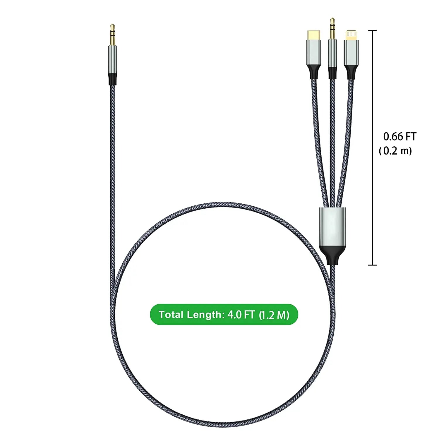 Asli Global Powertriflex Audio 3-In-1 Braided 3.5Mm Aux Audio Cable | Black