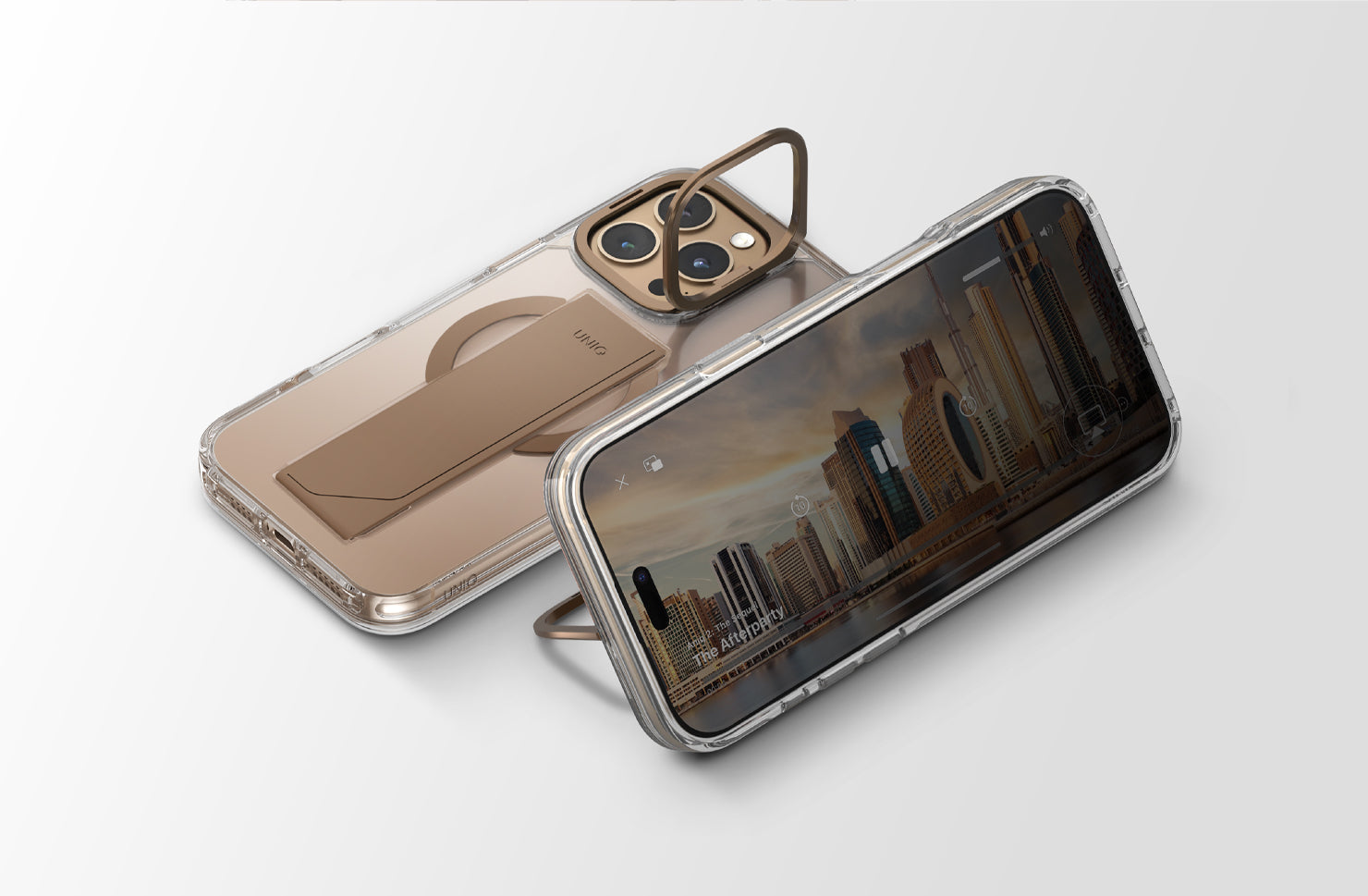 Uniq iPhone 16 Pro Hybrid Heldro Max MagSafe Case with Camera Stand | Taupe Gold