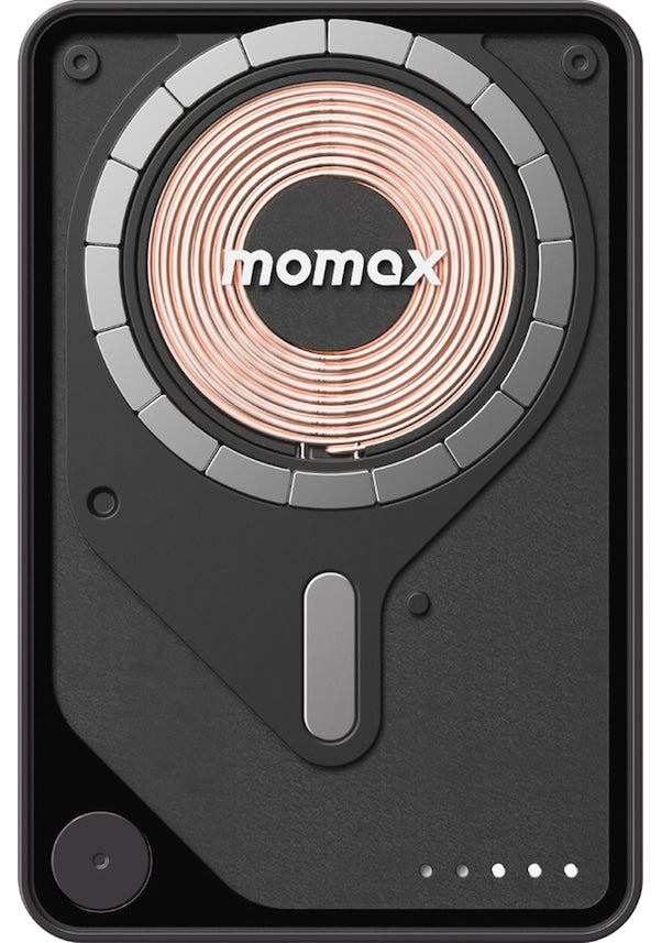 Momax Power X Pro Magnetic Wireless Power Bank – 5000 mAh, Includes Kickstand & Built-in USB-C Cable | Black
