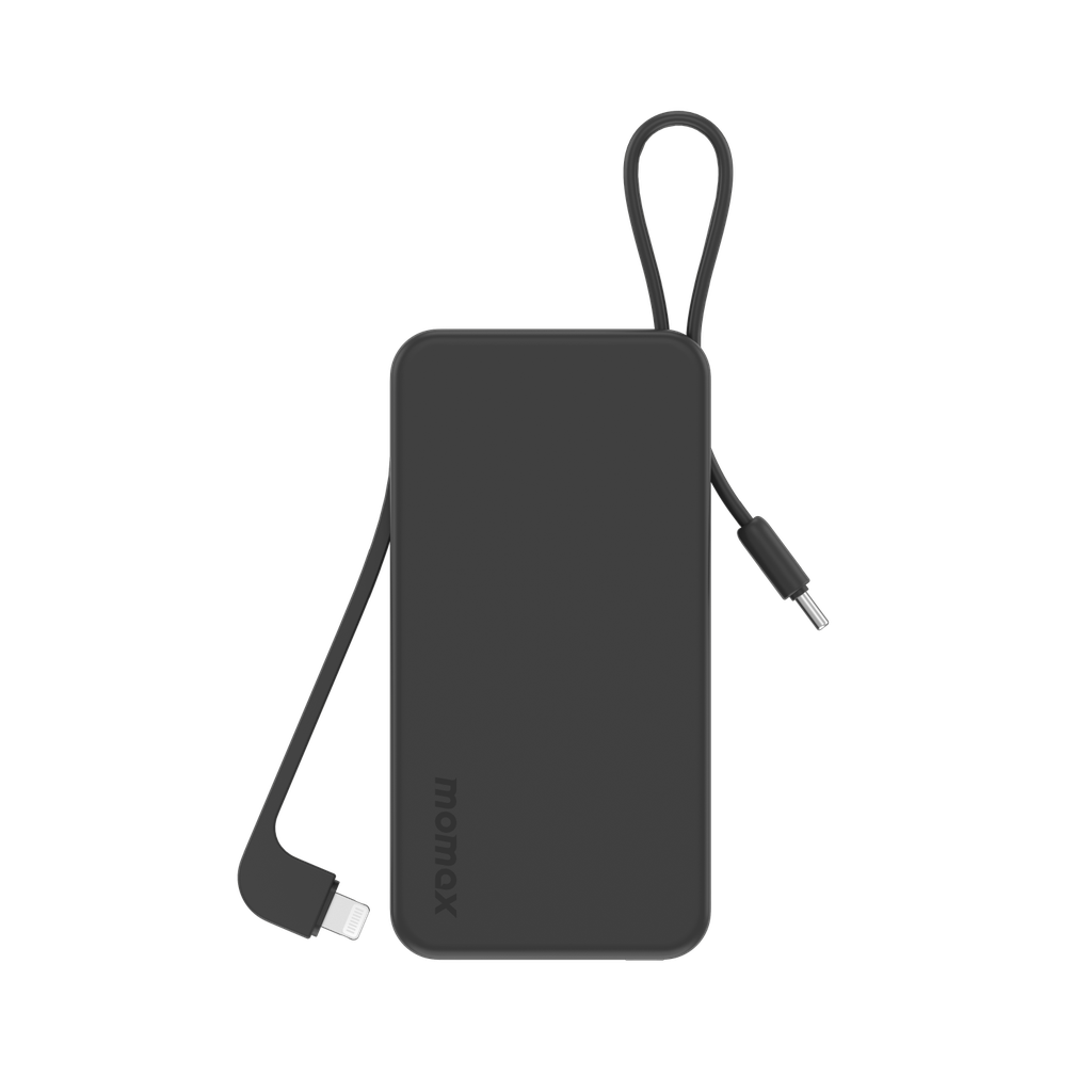 بطارية متنقلة Momax 1-Power Vital بسعة 10000 مللي أمبير مع كابلين مدمجين USB-C و Lightning | أسود