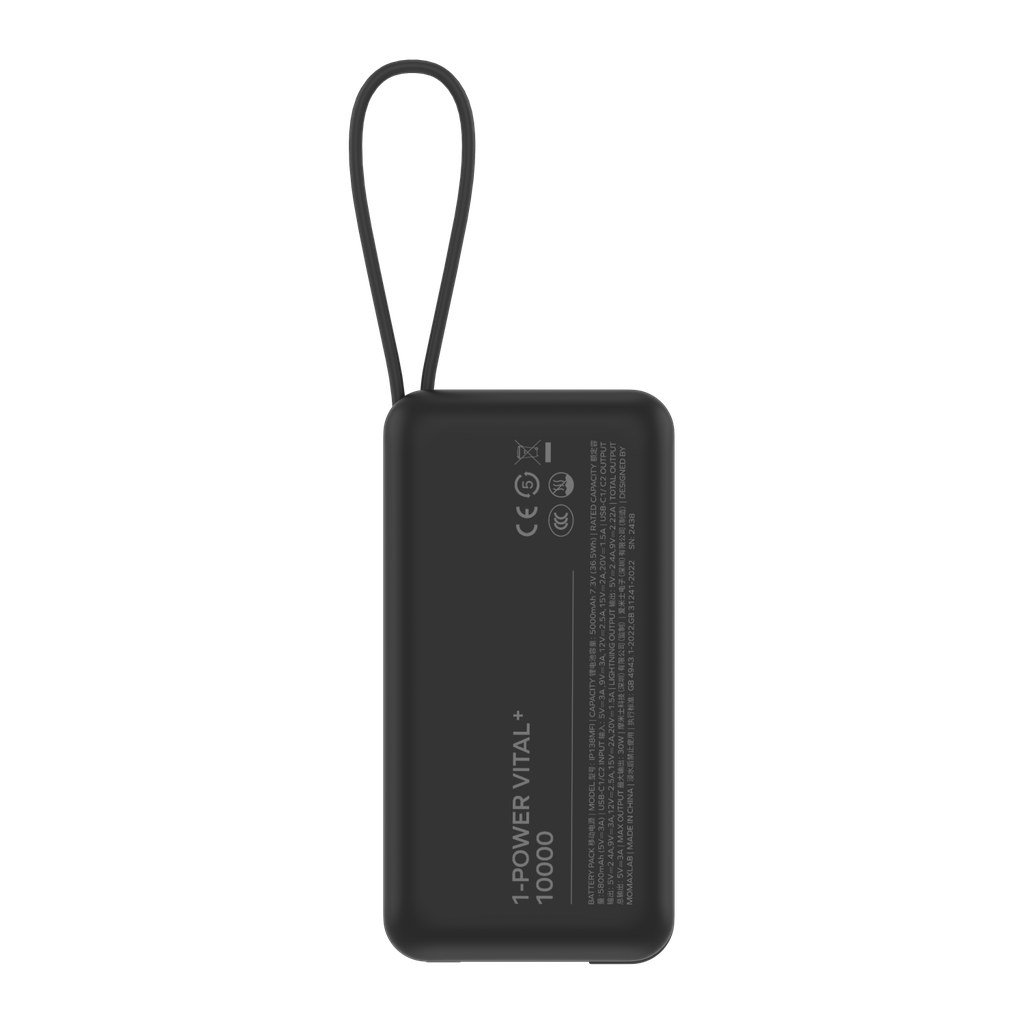 بطارية متنقلة Momax 1-Power Vital بسعة 10000 مللي أمبير مع كابلين مدمجين USB-C و Lightning | أسود
