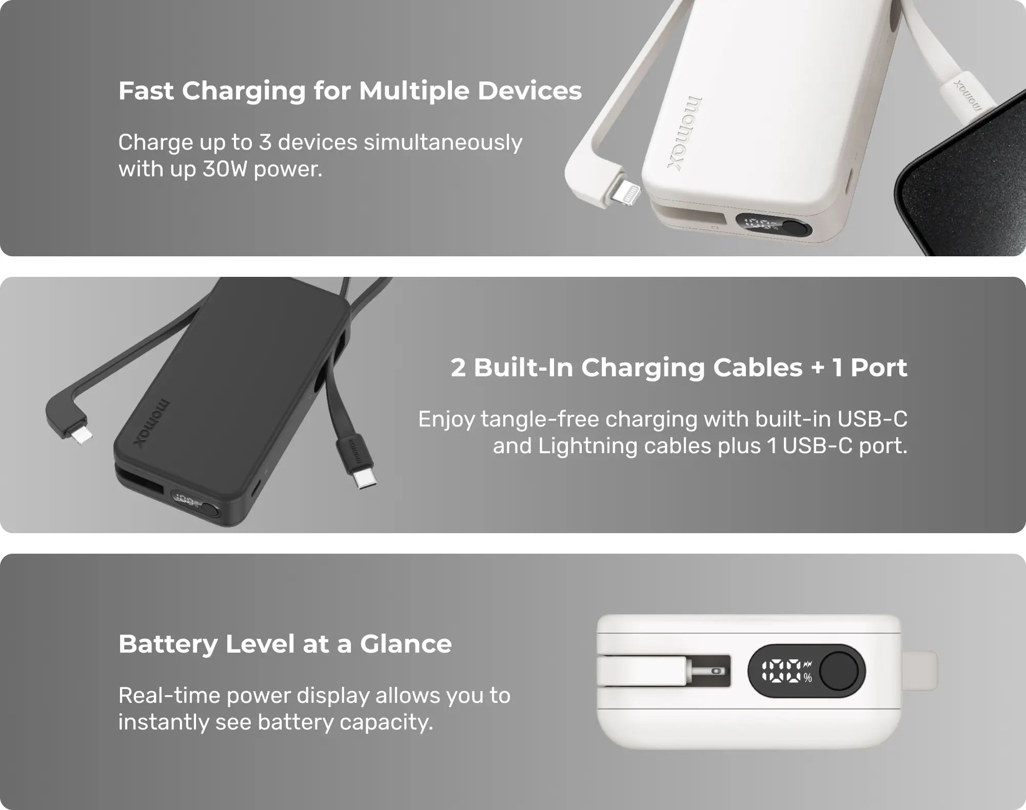 بطارية متنقلة Momax 1-Power Vital بسعة 10000 مللي أمبير مع كابلين مدمجين USB-C و Lightning | أسود