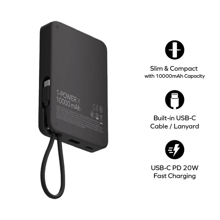 بطارية متنقلة 1-Power X من موماكس 10000 مللي أمبير مع كيبل USB-C مدمج