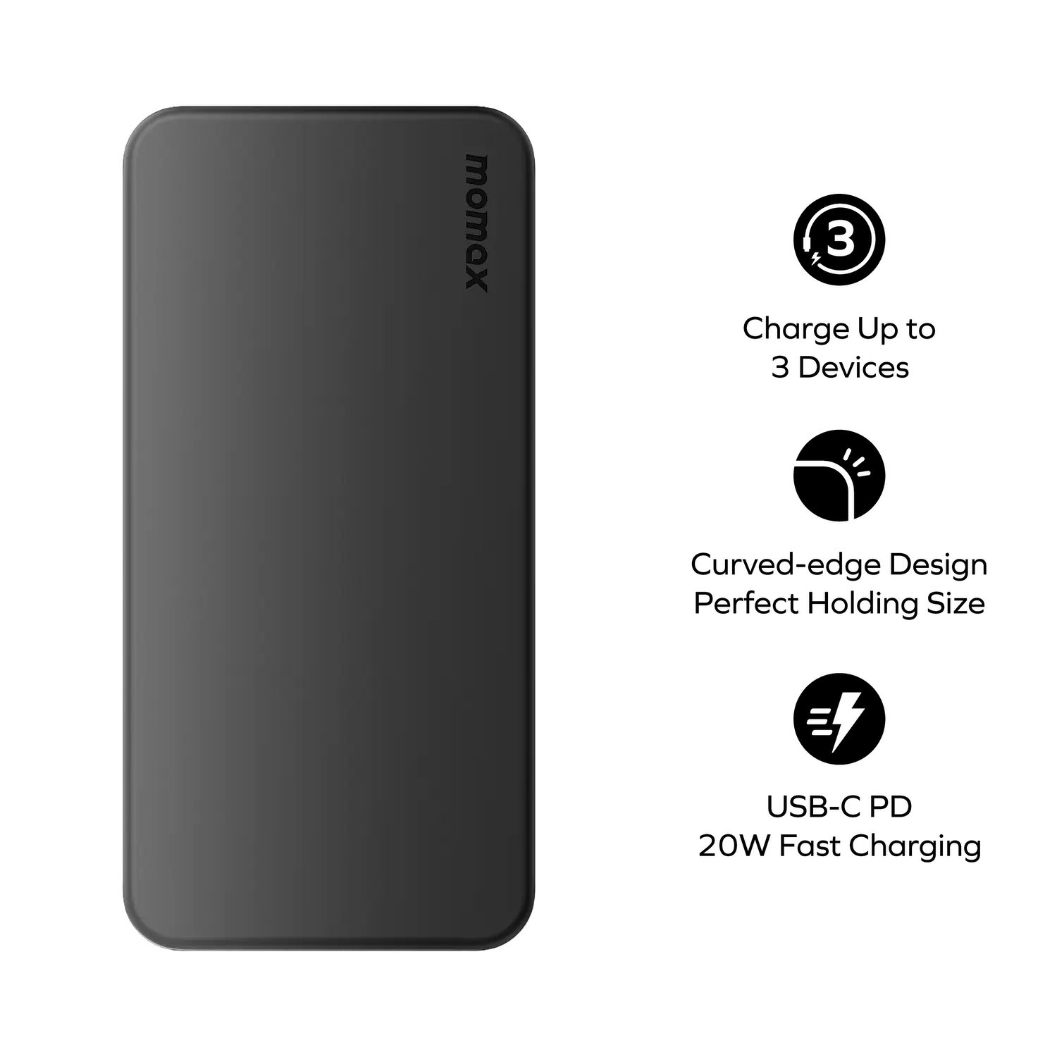 بطارية متنقلة Momax 1-Power Vital بسعة 10000 مللي أمبير مع كابلين مدمجين USB-C و Lightning | أسود
