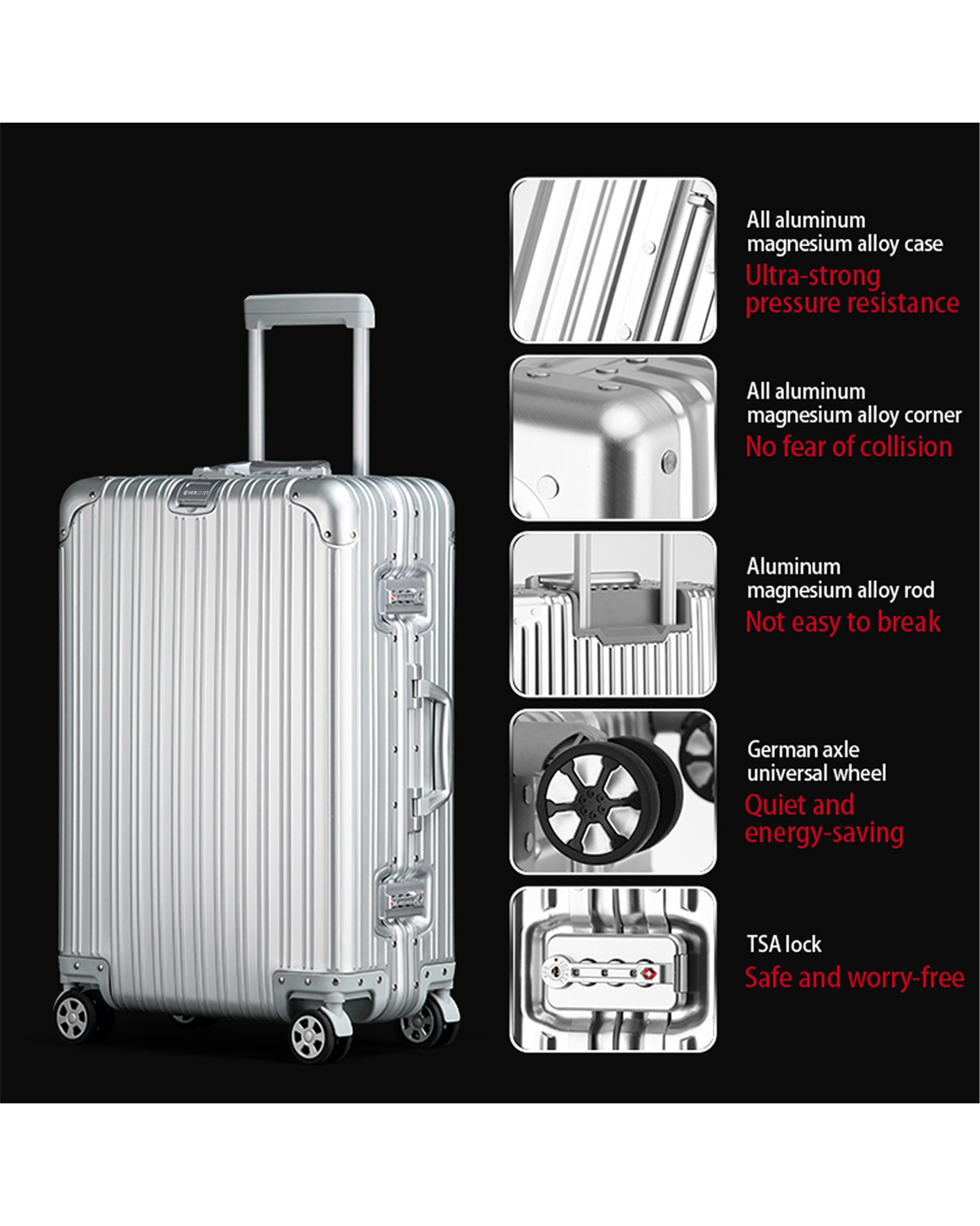 90 Percent Trolly Aluminum Suitcase 4 Wheels 24 Inch | Silver