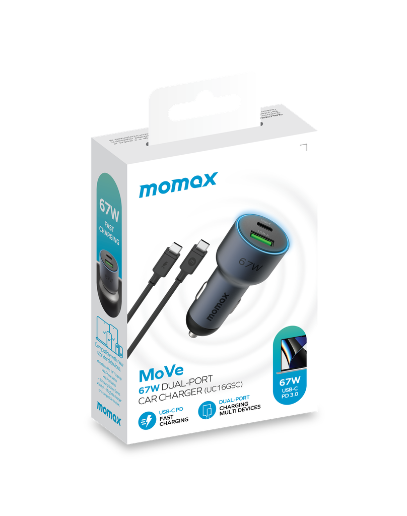 Momax Move – 67W Dual-Port Car Charger + 1m 100W USB-C to USB-C Cable