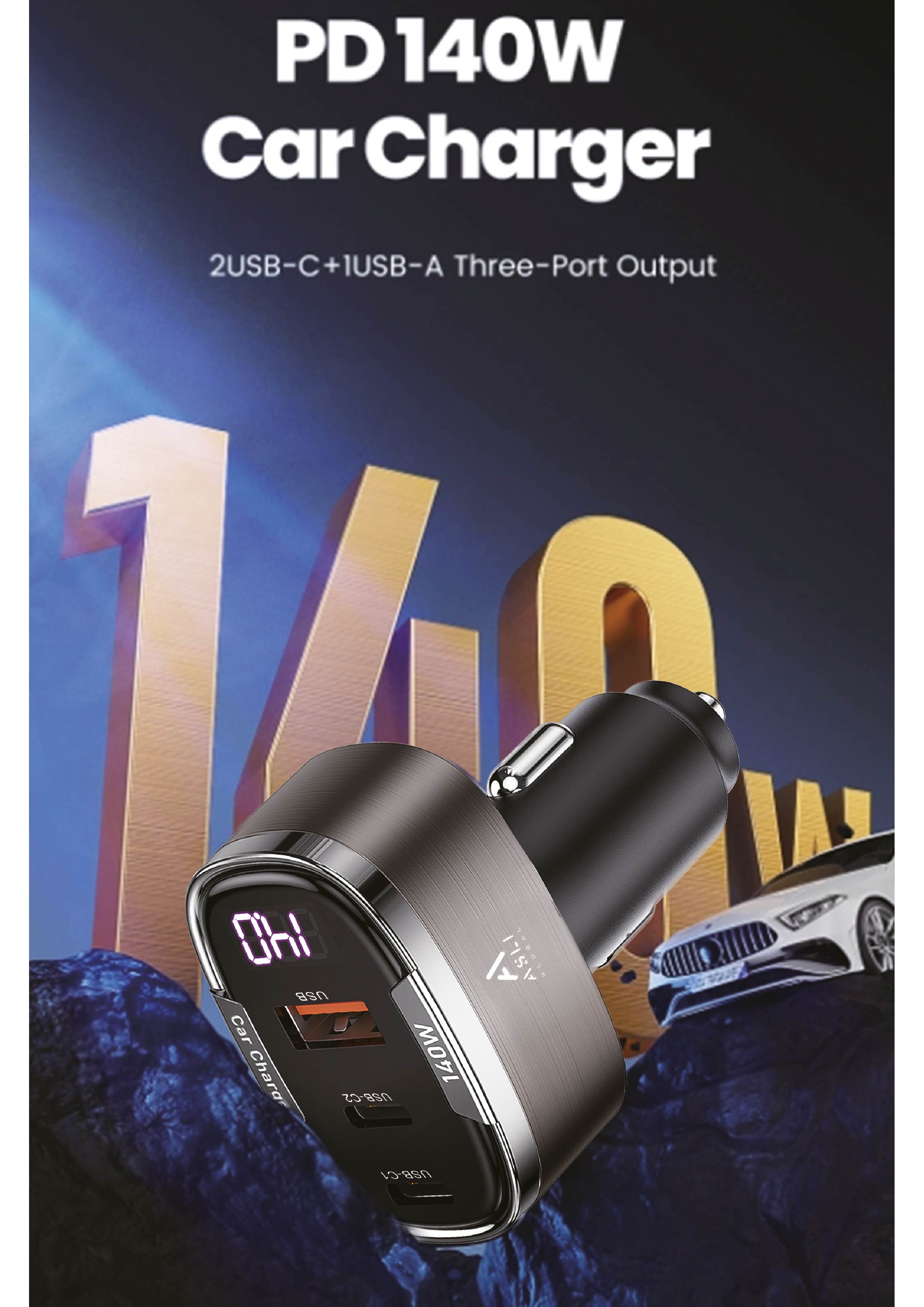 Asli Global 140W Super Car Charger PD - 3USB - LED Display