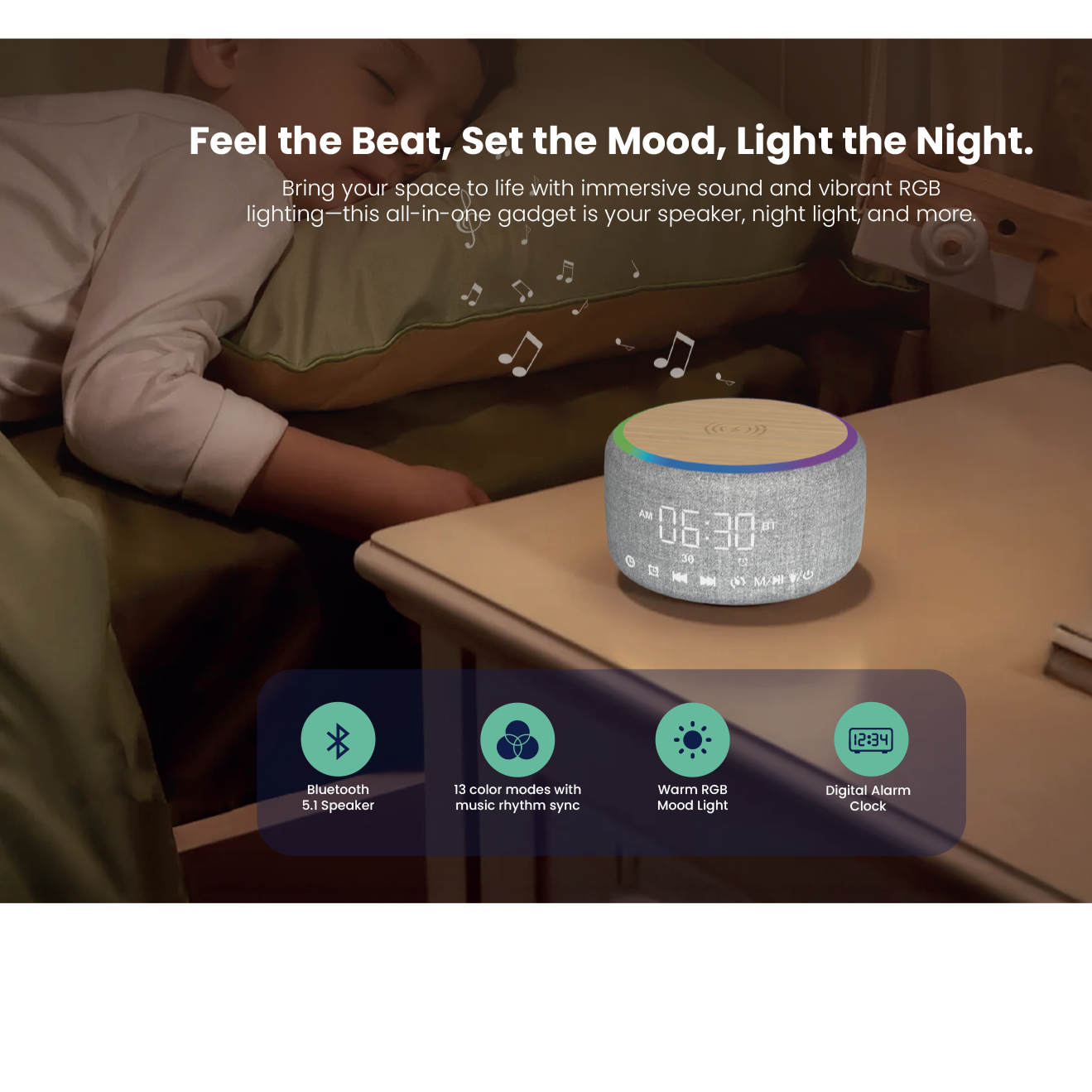 LZEL SonicGlow Horizon Wake Multifunctional Speaker – Alarm Clock & Wireless Charging Dock | Bamboo/Gray