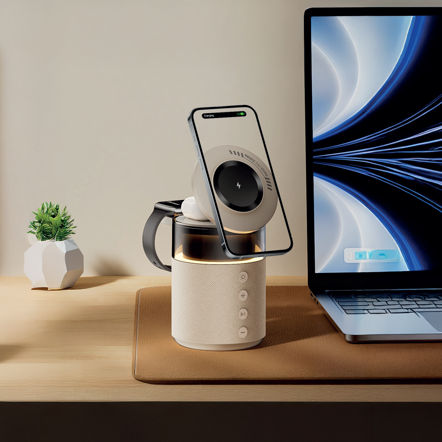 LZEL SonicGlow Pulse – Wireless Charger & Bluetooth Speaker | Silver