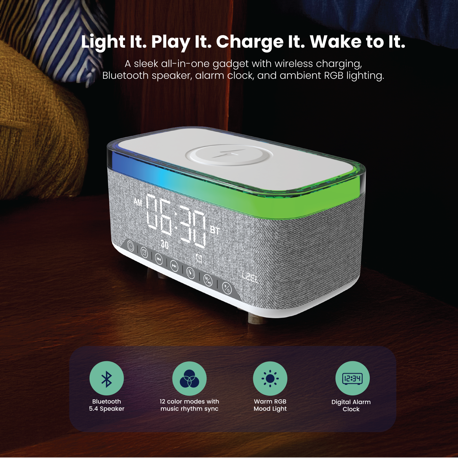 LZEL SonicGlow Wake Multifunctional Speaker – Alarm Clock & Wireless Charging Dock | White/Gray