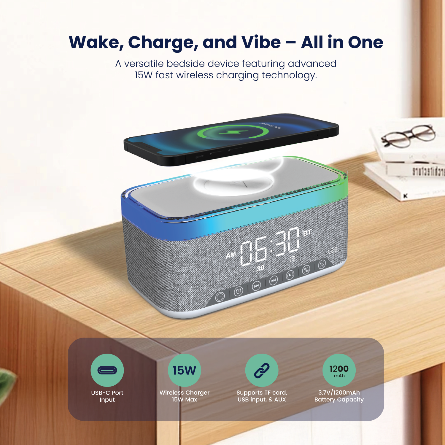 LZEL SonicGlow Wake Multifunctional Speaker – Alarm Clock & Wireless Charging Dock | White/Gray