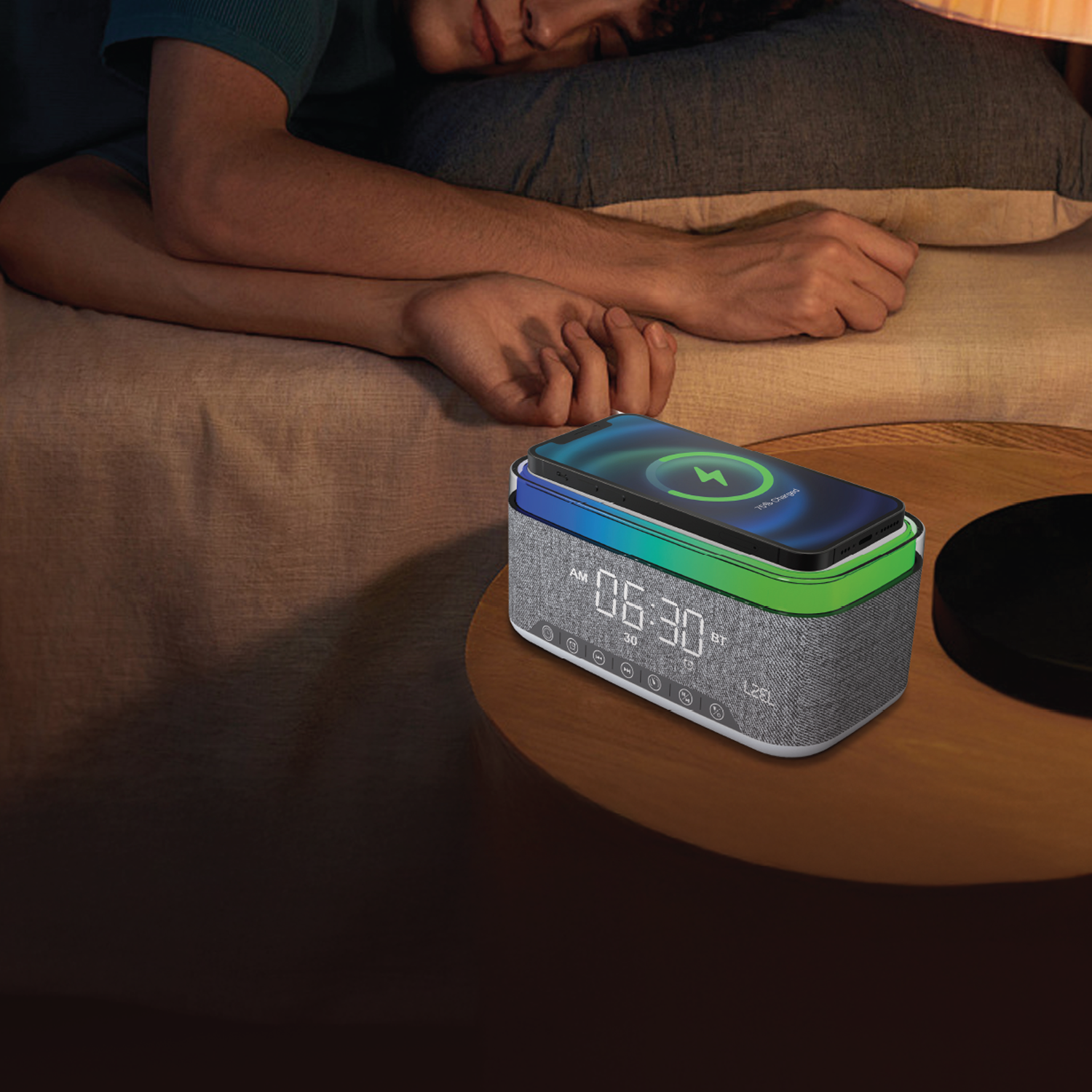 LZEL SonicGlow Wake Multifunctional Speaker – Alarm Clock & Wireless Charging Dock | Black/Gray