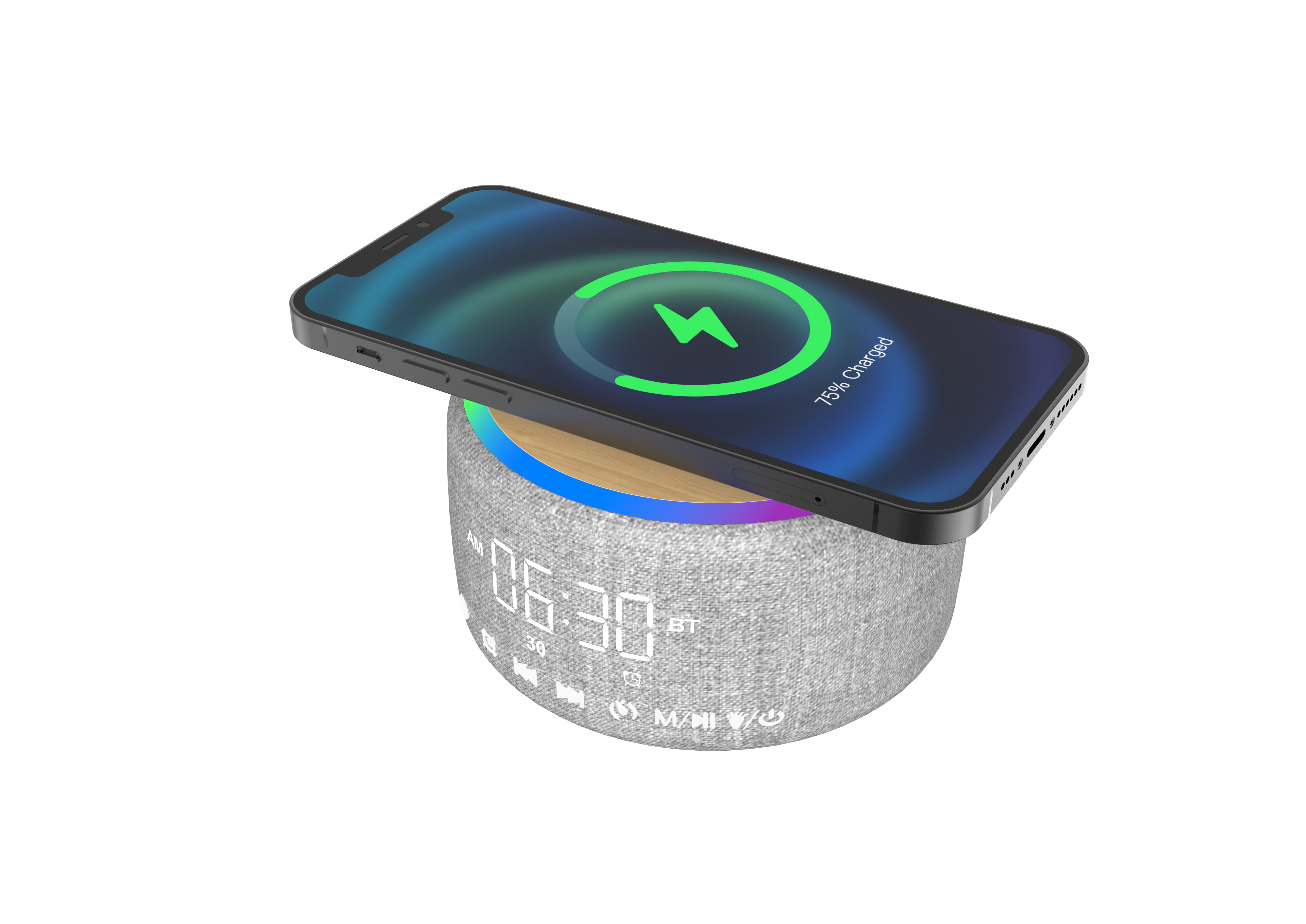 LZEL SonicGlow Wake Multifunctional Speaker – Alarm Clock & Wireless Charging Dock | Bamboo/Gray